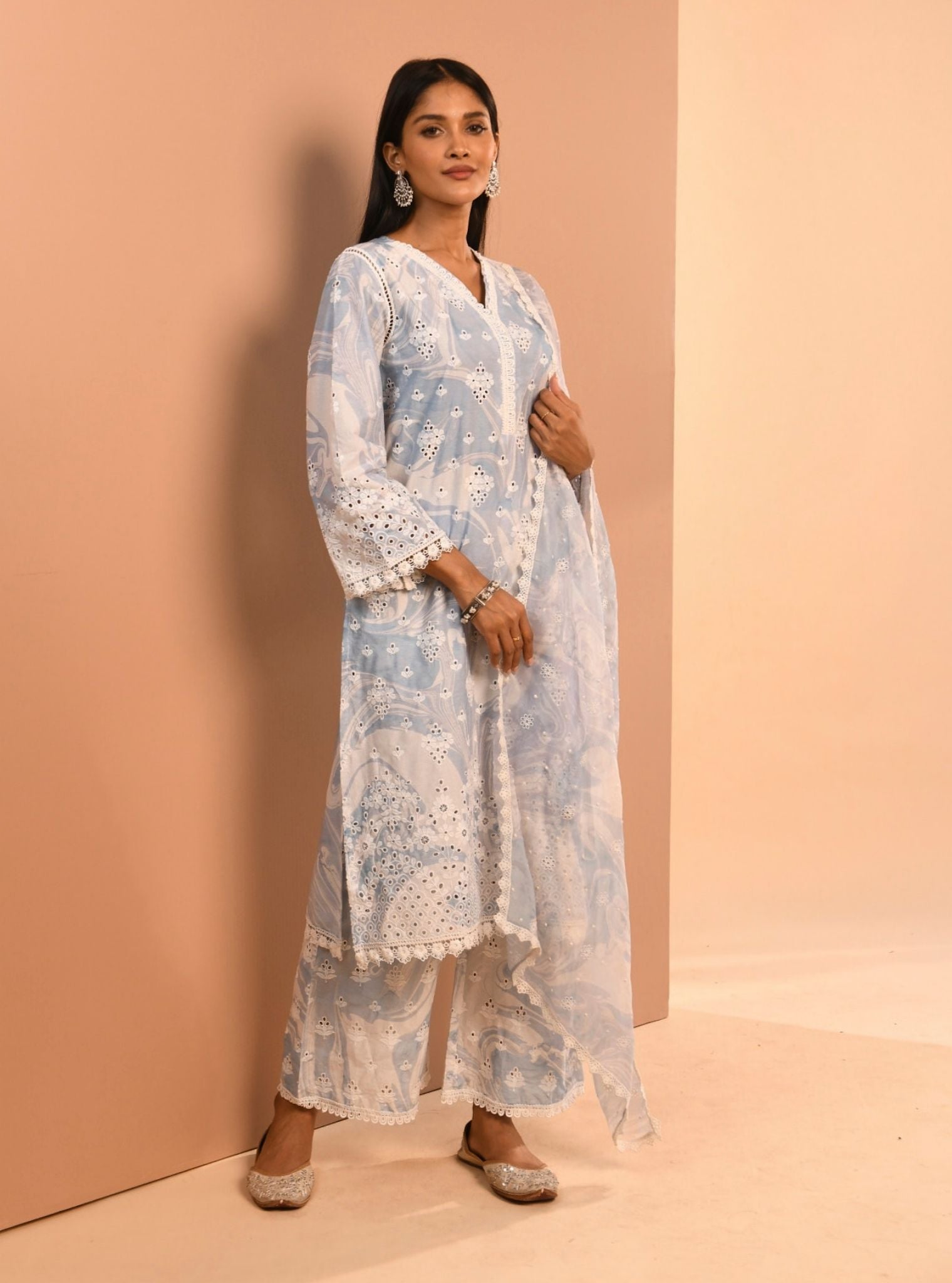 Mulmul Cotton Marble Opal Blue Kurta With Mulmul Marbel Opal Blue Pant