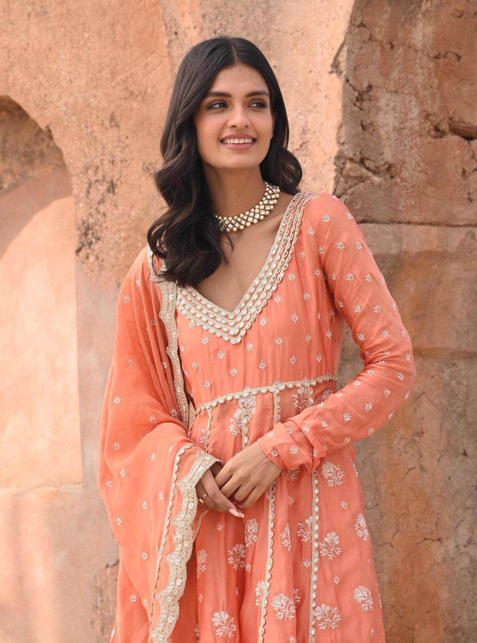 Mulmul Organza Satin Tareefan Burnt Orange Anarkali Kurta with Mulmul Modal Satin Tareefan Burnt Orange Pant