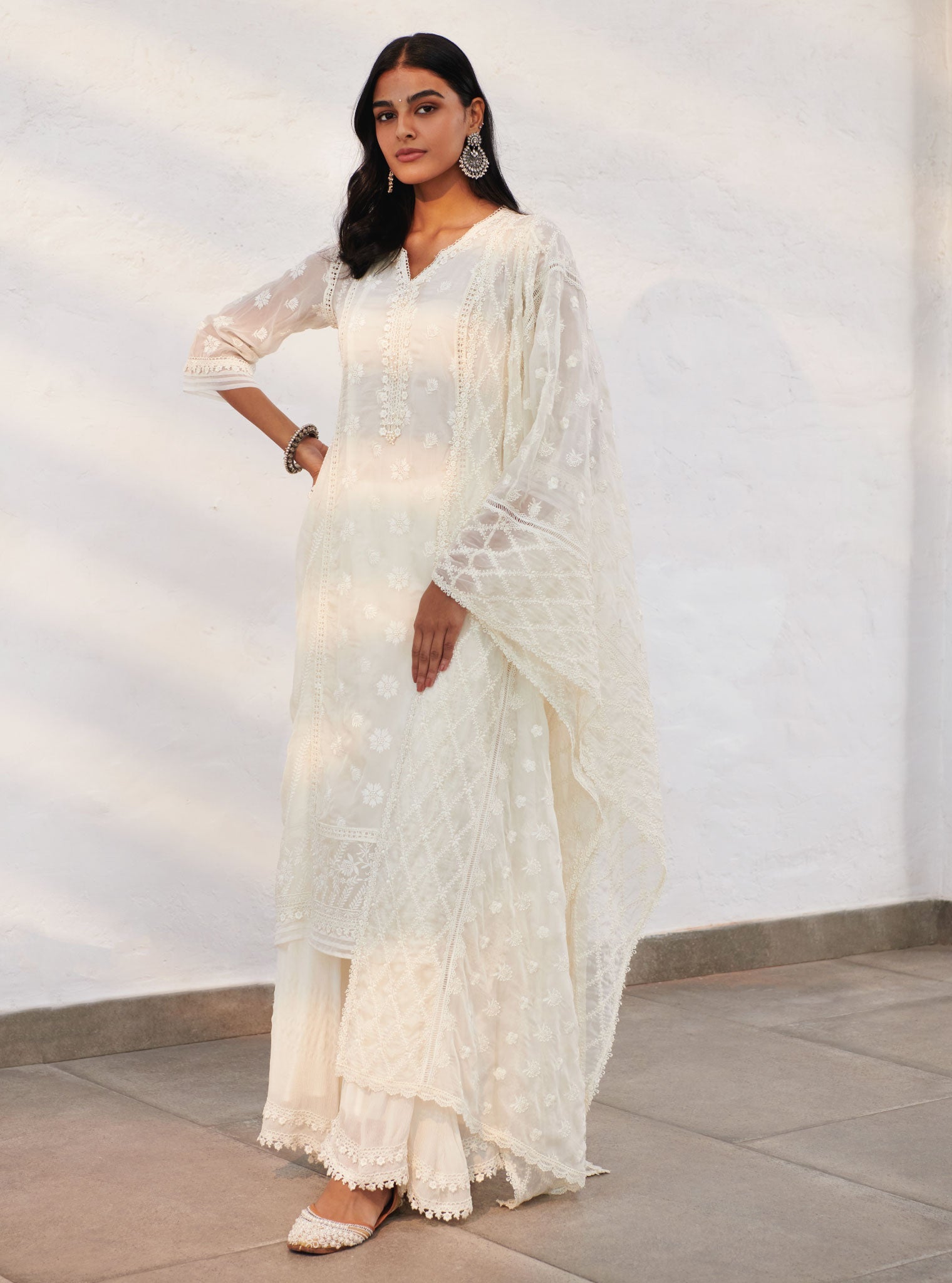 Mulmul Organza Armagh Off White Kurta With Chiffon Armagh Off White Sharara