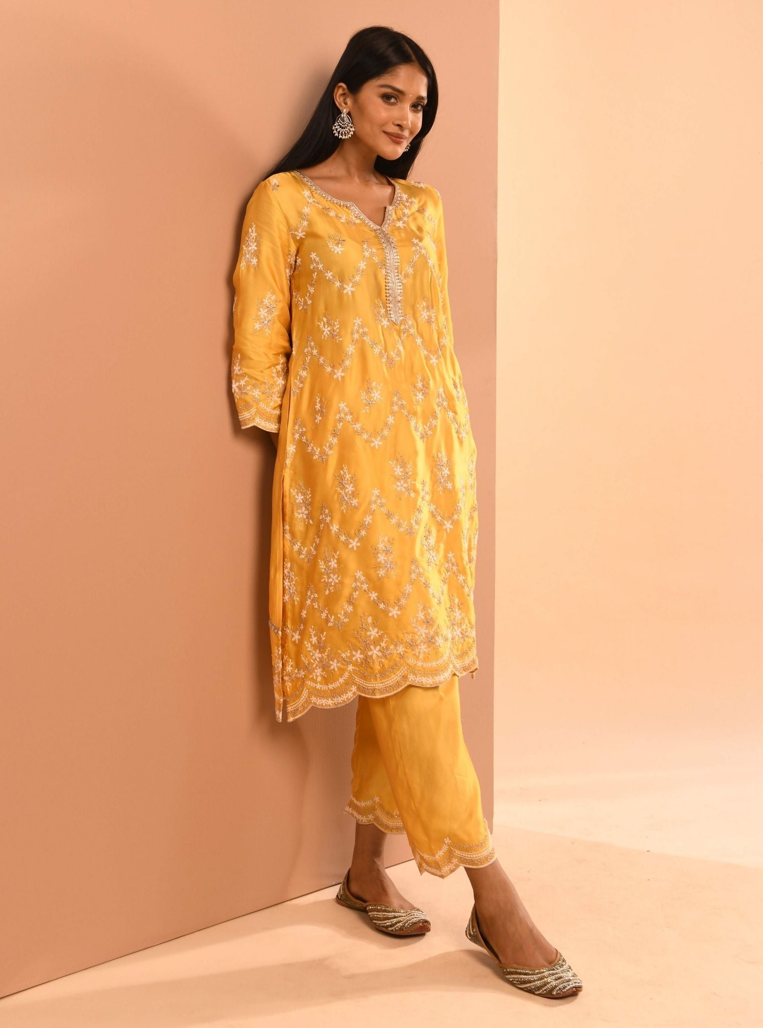 Mulmul Cupro Valaya Yellow Kurta With Mulmul Cupro Valaya Yellow Pant