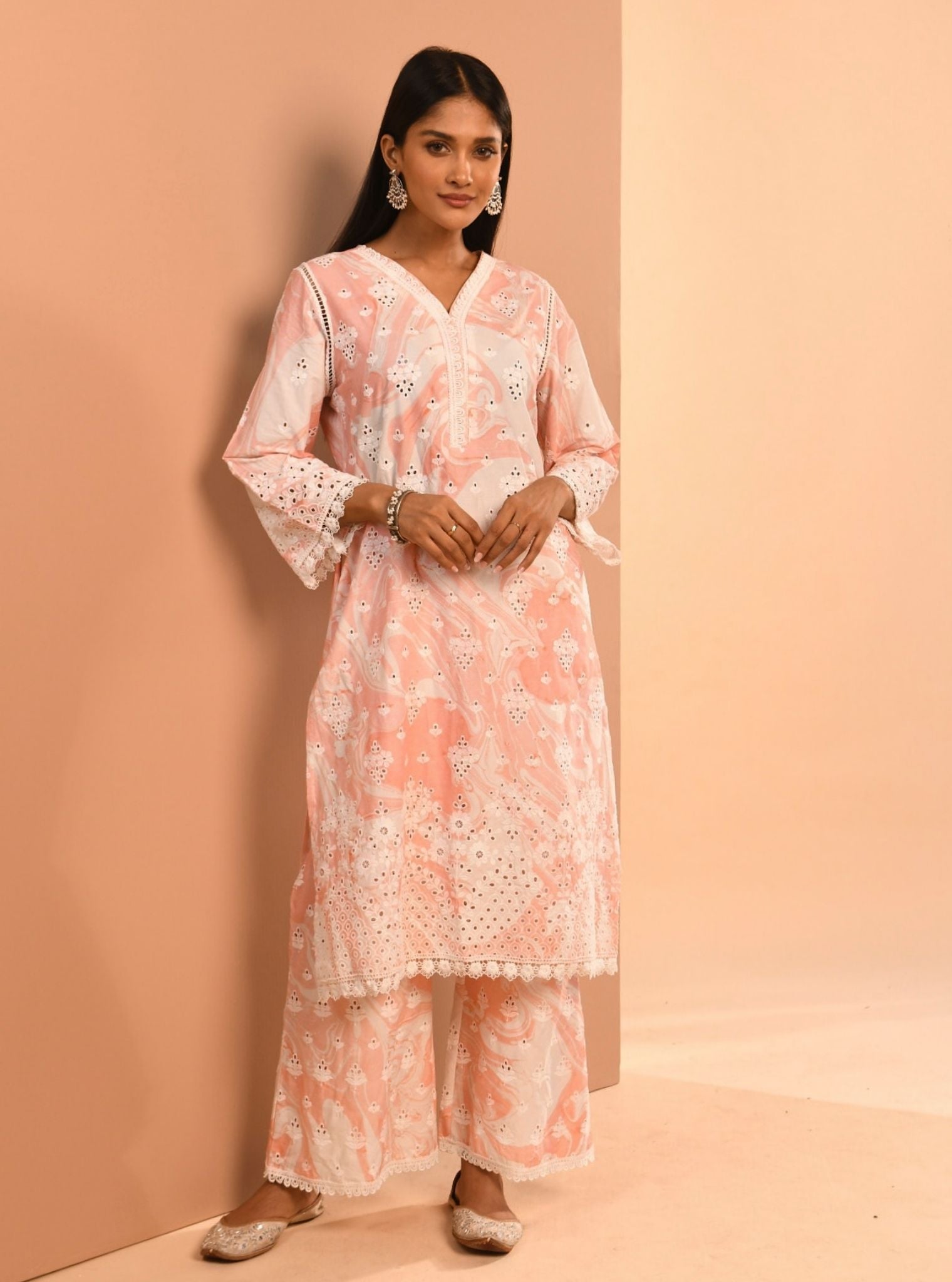 Mulmul Cotton Marble Opal Pink Kurta With Mulmul Opal Pink Pant