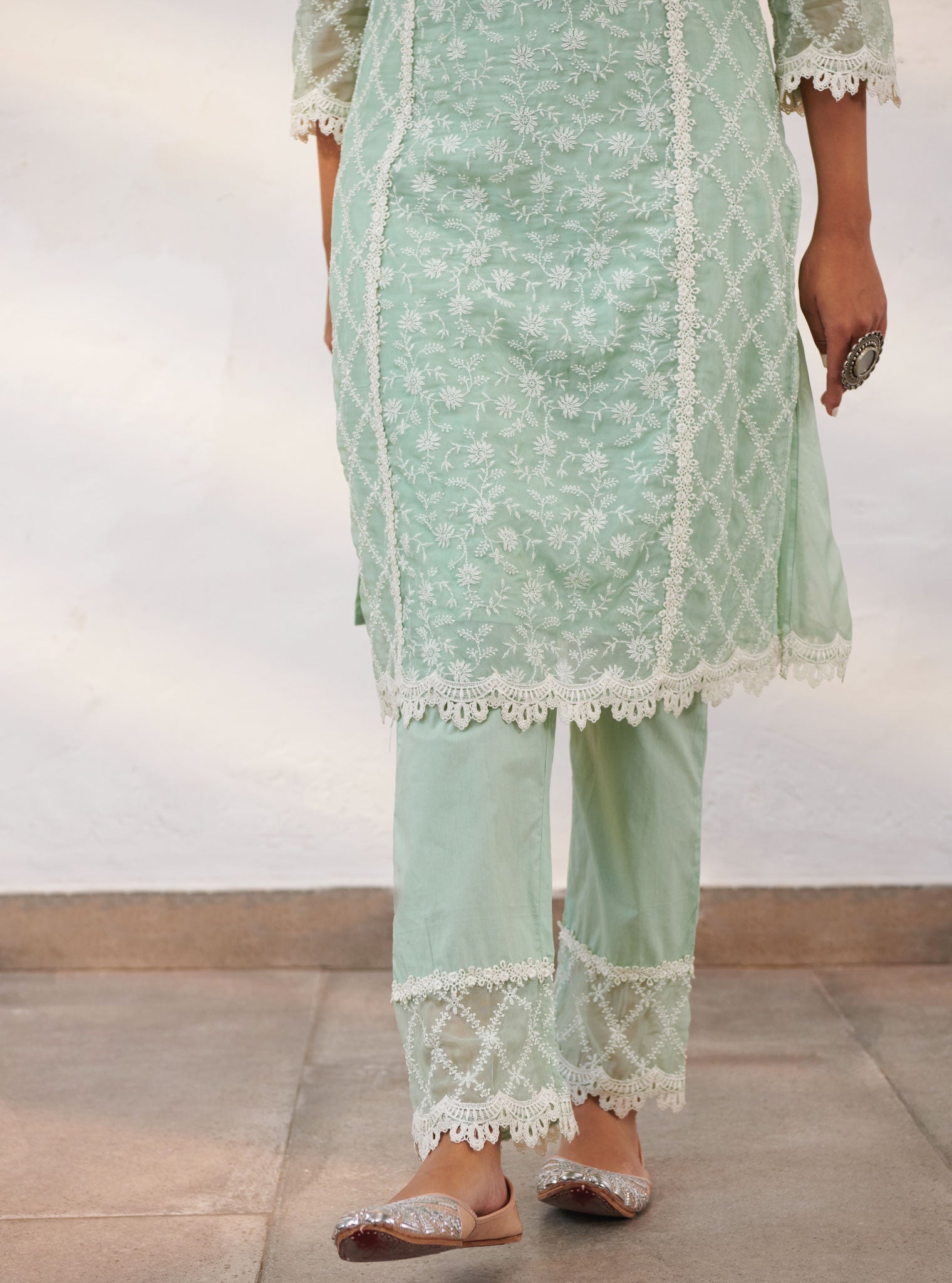 Mulmul Organza Sunderland Green Kurta With Cotton Sunderland Green Pant