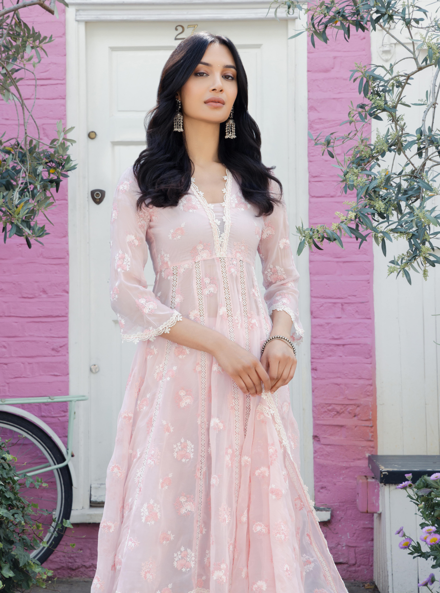 Mulmul Organza Stirling Pink Anarkali Kurta With Cotton Stirling Pink Pant