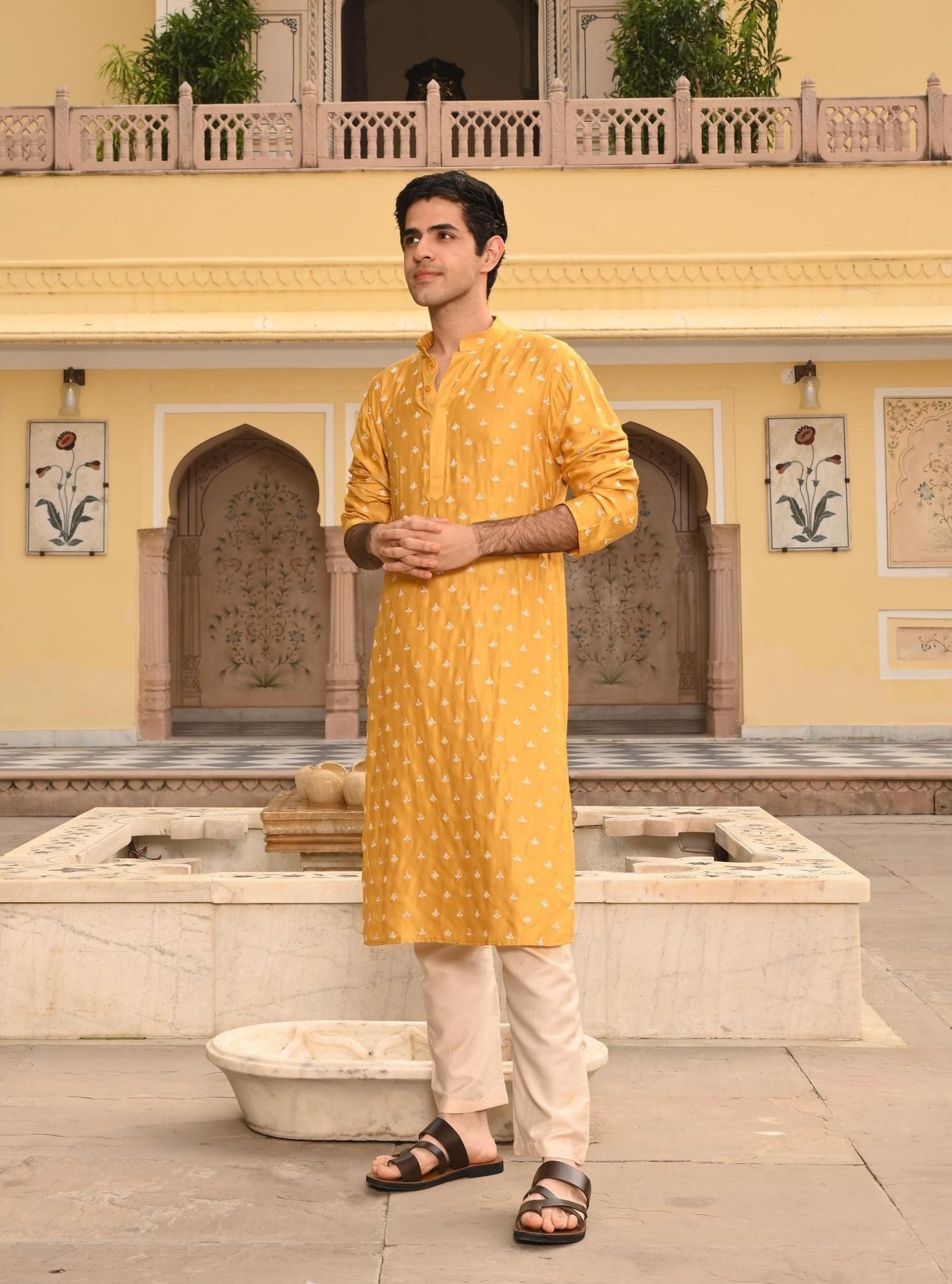 Mulmul Luxe Satin Rooh Yellow Men Kurta with Mulmul Pima Satin Shava Off White Pyajama