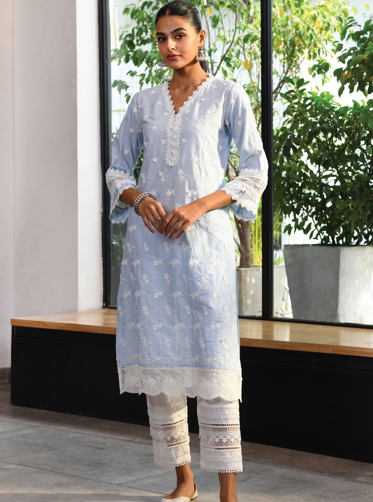 Mulmul Cotton Salisbury Blue Kurta With Multi Lace Slim White Pant