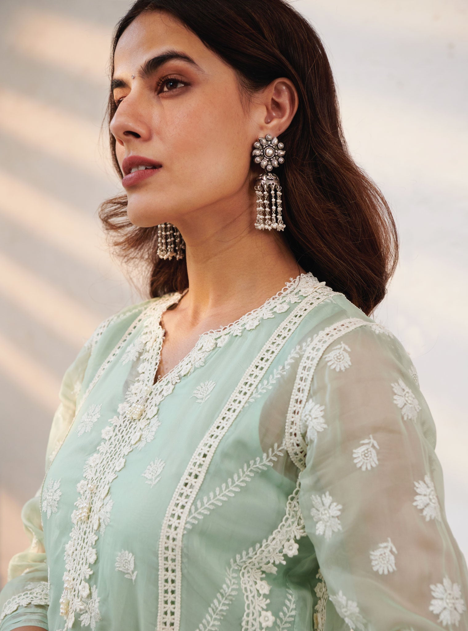 Mulmul Organza Armagh Green Kurta With Chiffon Armagh Green Sharara