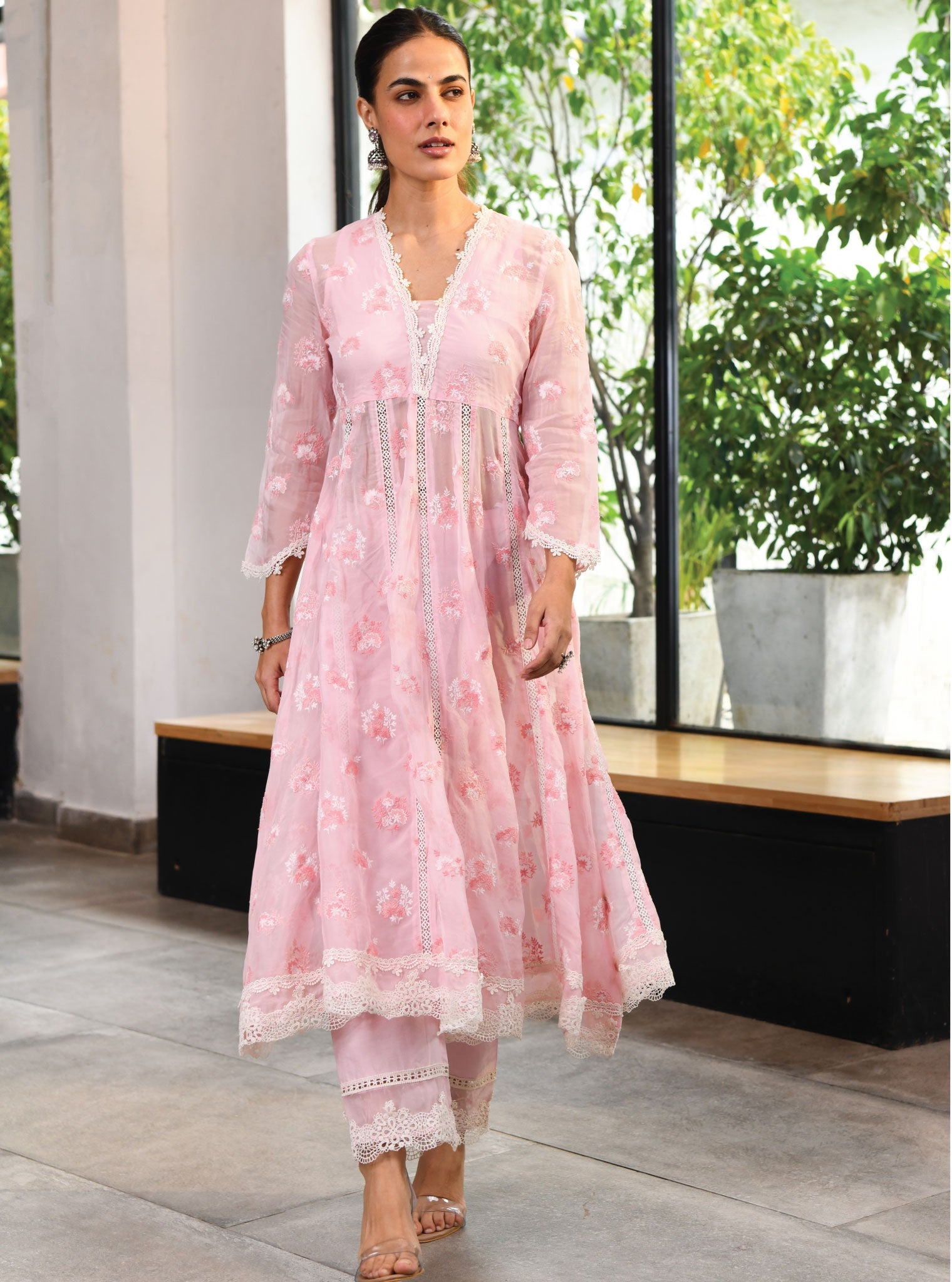 Mulmul Organza Stirling Pink Anarkali Kurta With Cotton Stirling Pink Pant