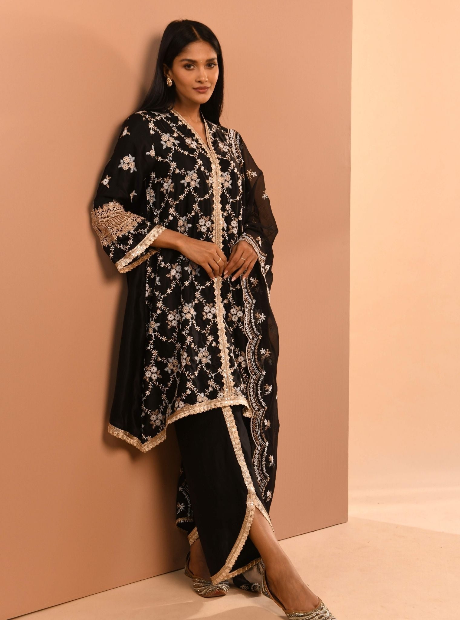 Mulmul Cupro Dvija Black Kurta With Mulmul Cupro Dvija Black Pant