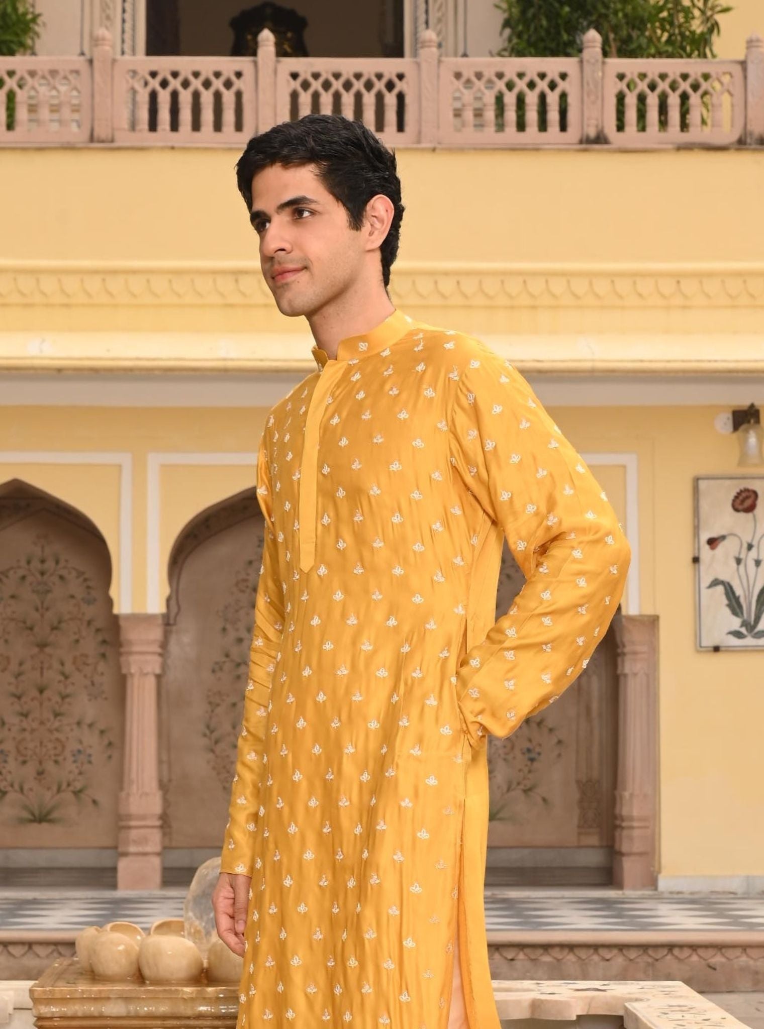 Mulmul Luxe Satin Rooh Yellow Men Kurta with Mulmul Pima Satin Shava Off White Pyajama