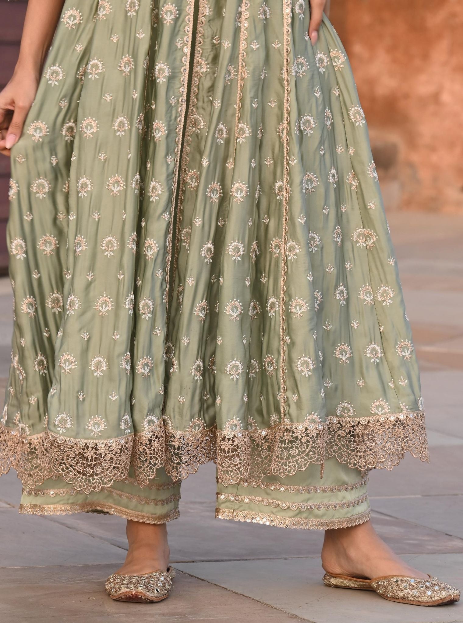 Mulmul Organza Satin Navrai Sage Green Anarkali Kurta with Mulmul Modal Satin Navrai Sage Green Pant