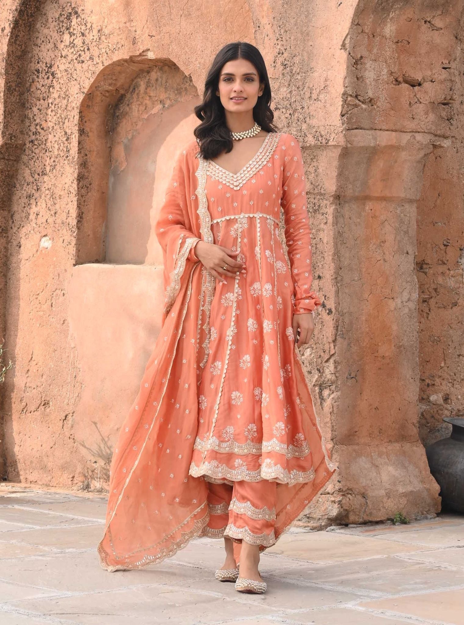 Mulmul Organza Satin Tareefan Burnt Orange Anarkali Kurta with Mulmul Modal Satin Tareefan Burnt Orange Pant