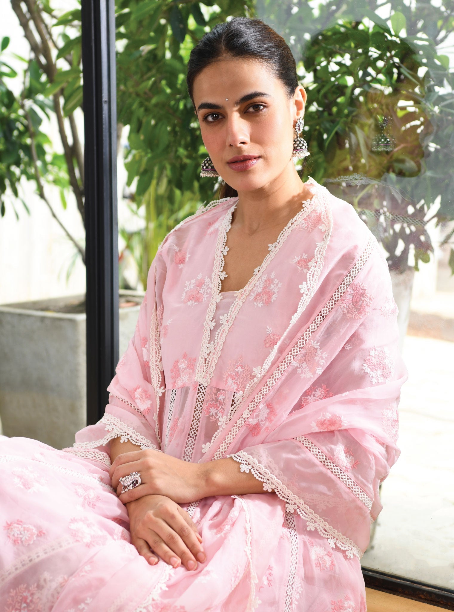 Mulmul Organza Stirling Pink Anarkali Kurta With Cotton Stirling Pink Pant