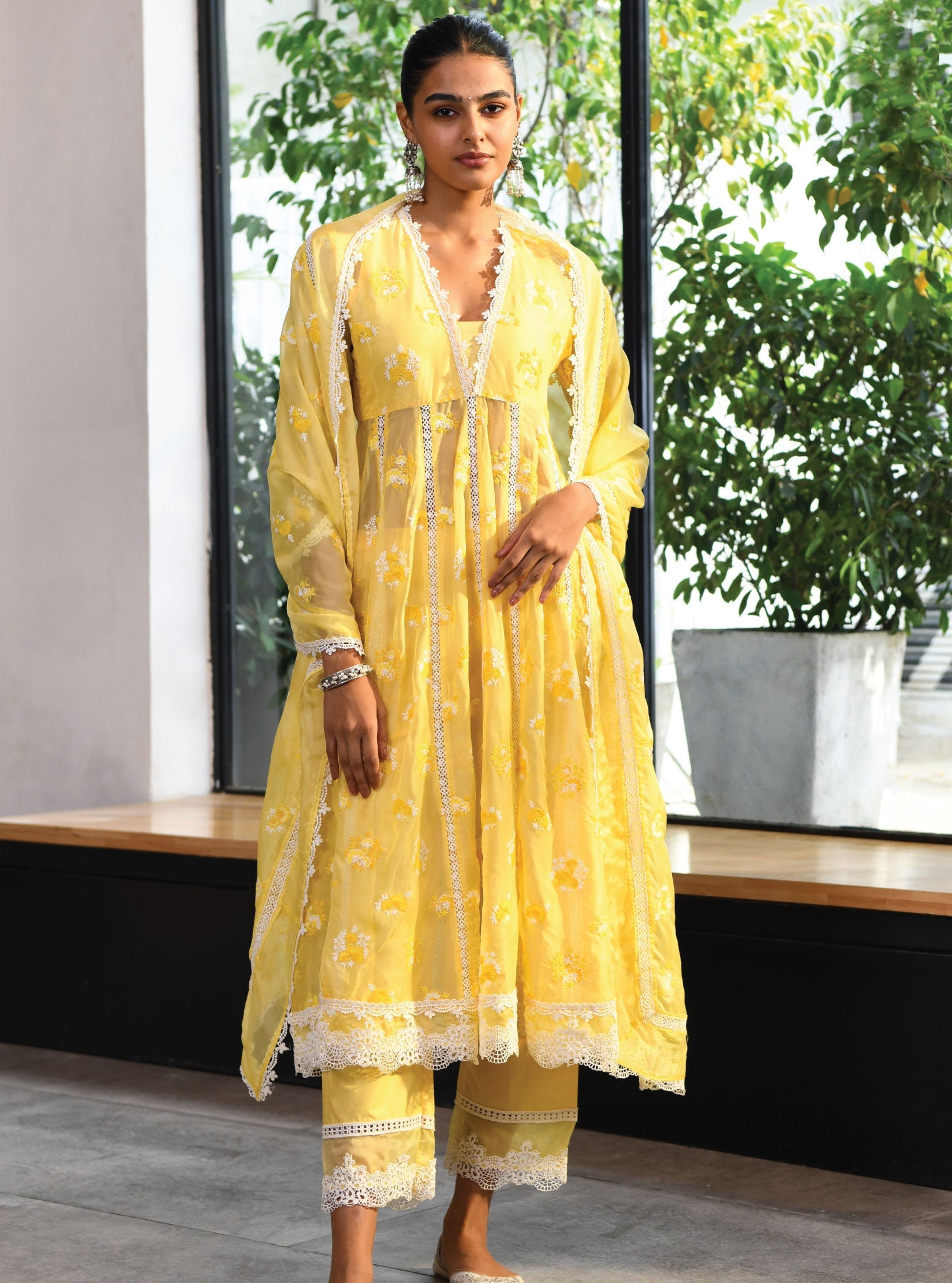 Mulmul Organza Stirling Yellow Anarkali Kurta With Cotton Stirling Yellow Pant