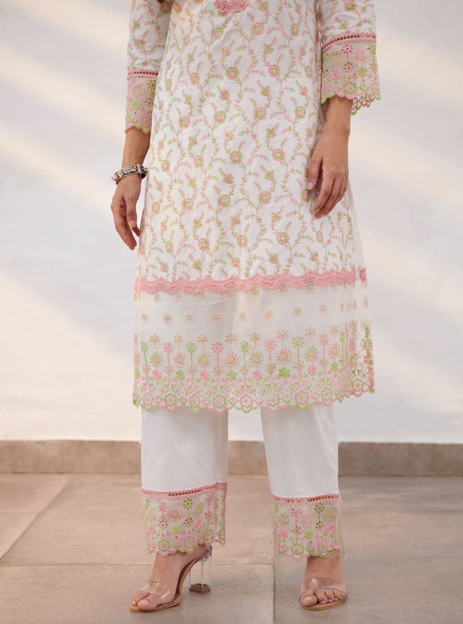 Mulmul Cotton Trent White Kurta With Trent White Pant