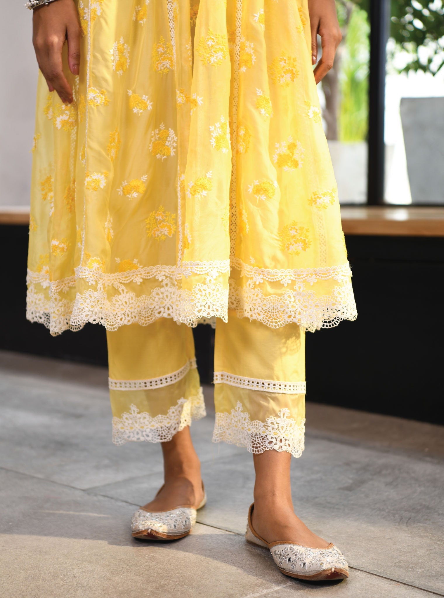 Mulmul Organza Stirling Yellow Anarkali Kurta With Cotton Stirling Yellow Pant