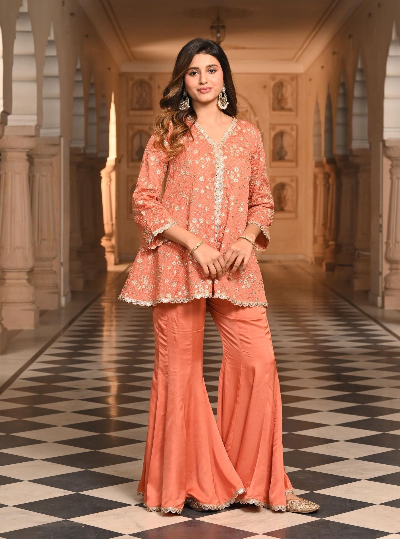 Mulmul Organza Satin Afreen Burnt Orange Top with Mulmul Modal Satin Afreen Burnt Orange Sharara