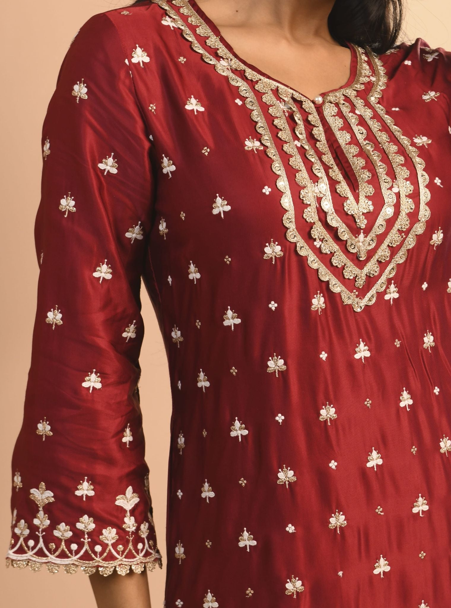 Mulmul Cupro Aarya Wine Kurta With Mulmul Cupro Aarya Wine Pant