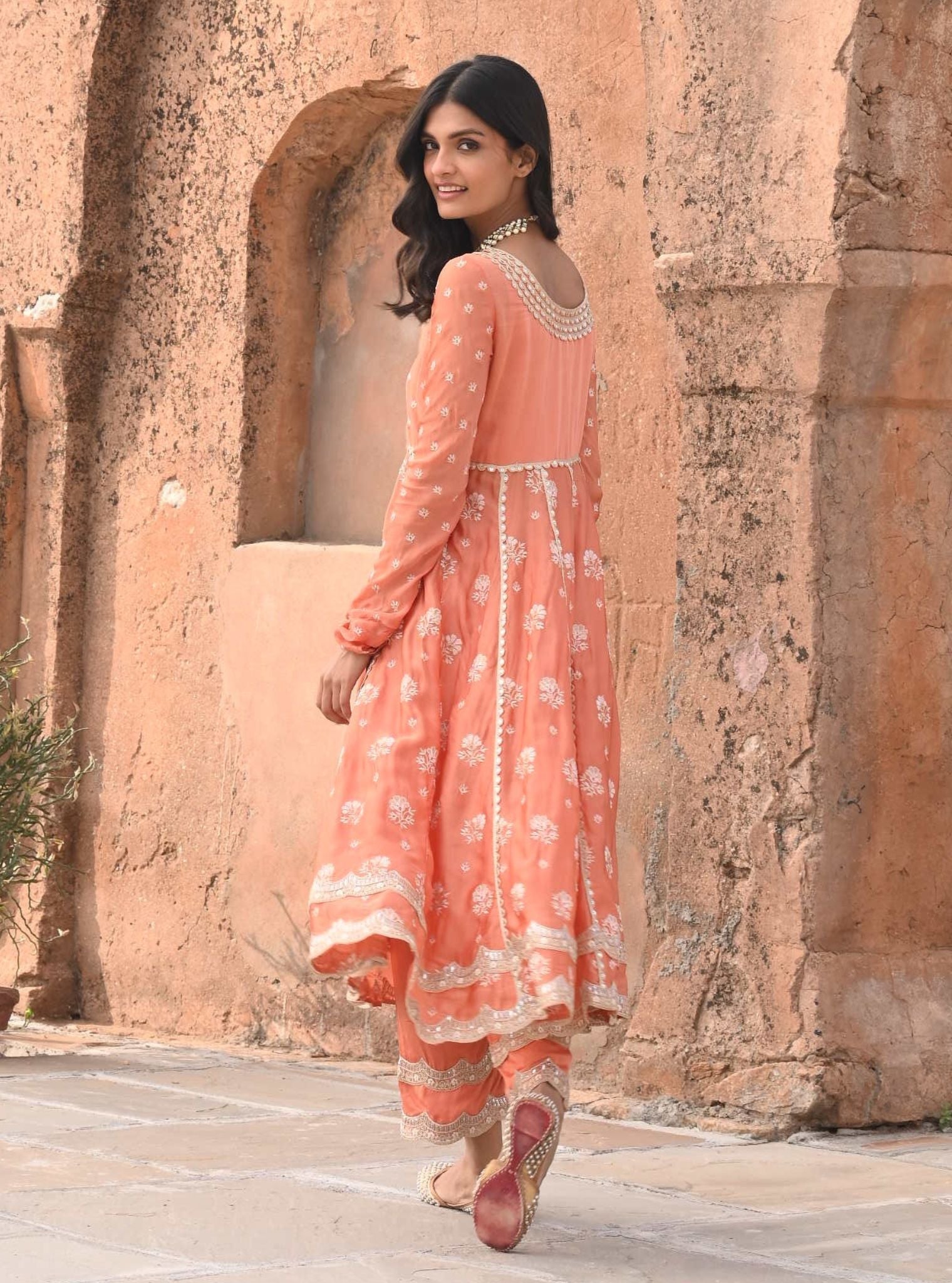 Mulmul Organza Satin Tareefan Burnt Orange Anarkali Kurta with Mulmul Modal Satin Tareefan Burnt Orange Pant