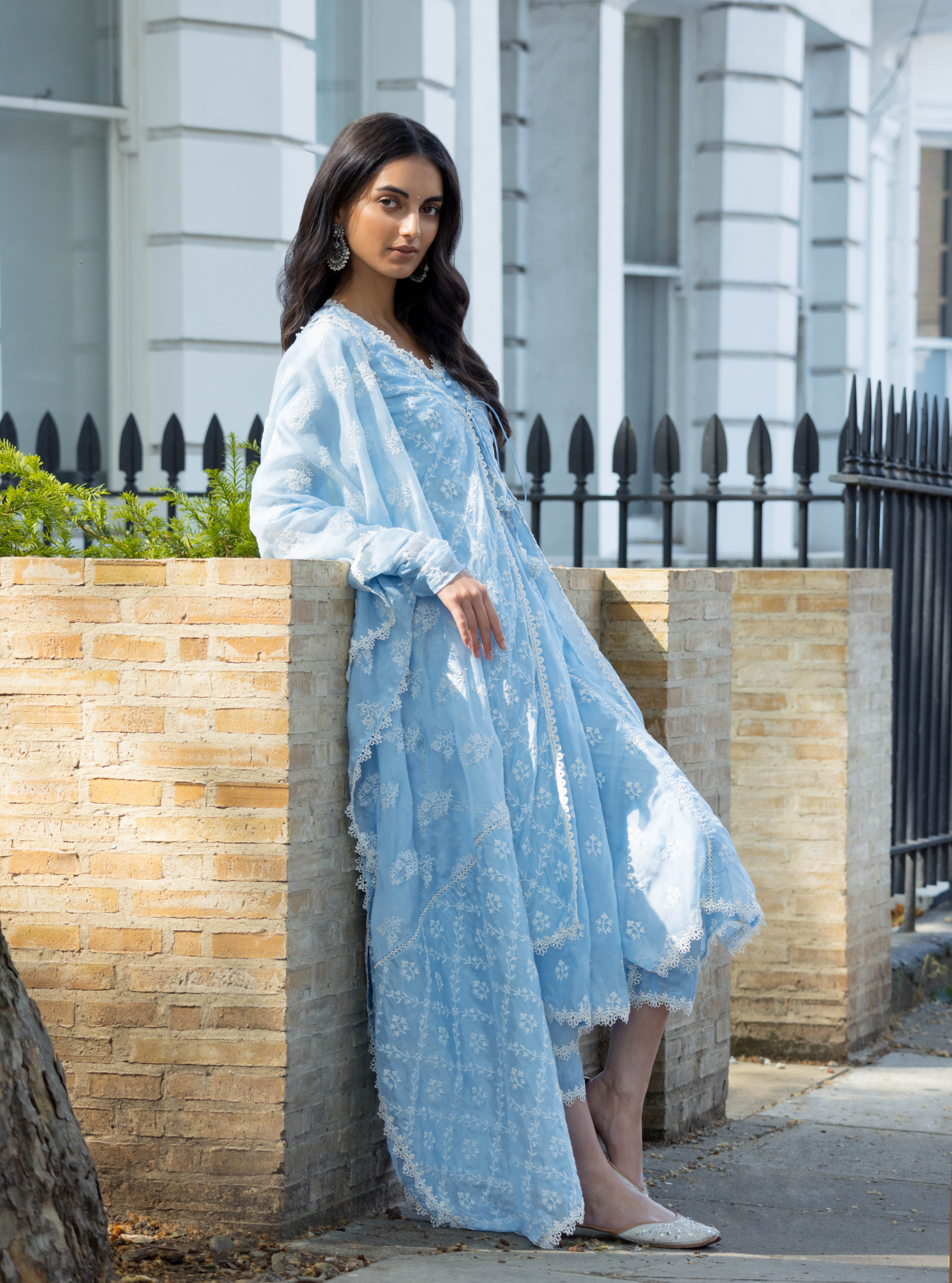 Mulmul Organza Essex Blue Anarkali Kurta with Organza Jacket With Cotton Essex Blue Pant