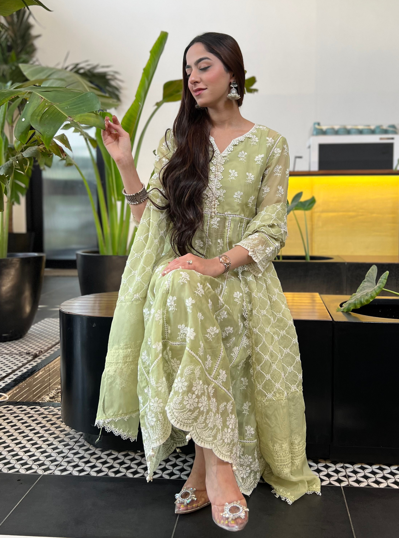 Mulmul Organza Anarkali Surla Green Kurta With Mulmul Cotton Surla Green Pant