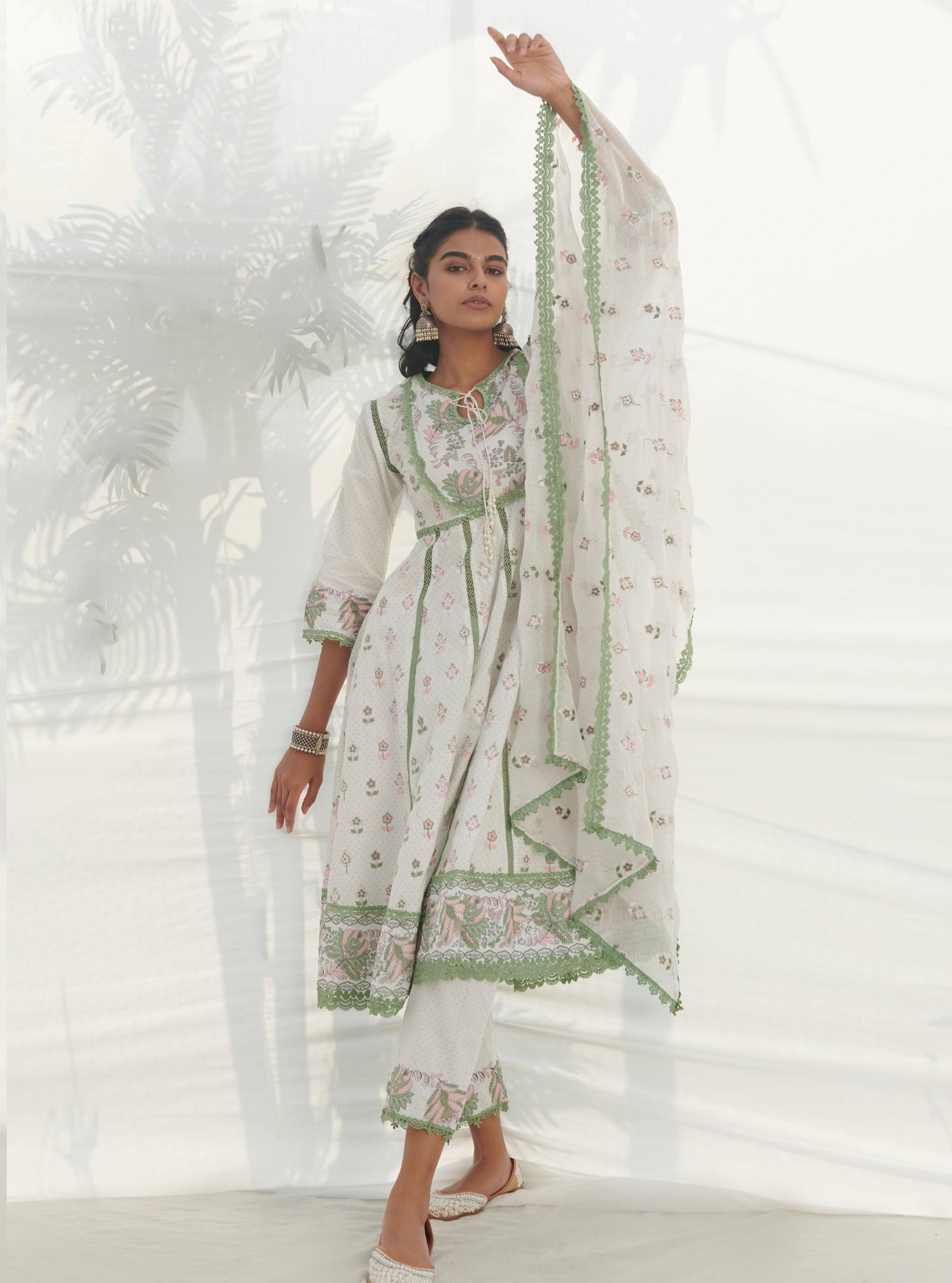 Mulmul Cotton Amaryllis Anarkali Green Kurta With Mulmul Cotton Amaryllis Green Pant