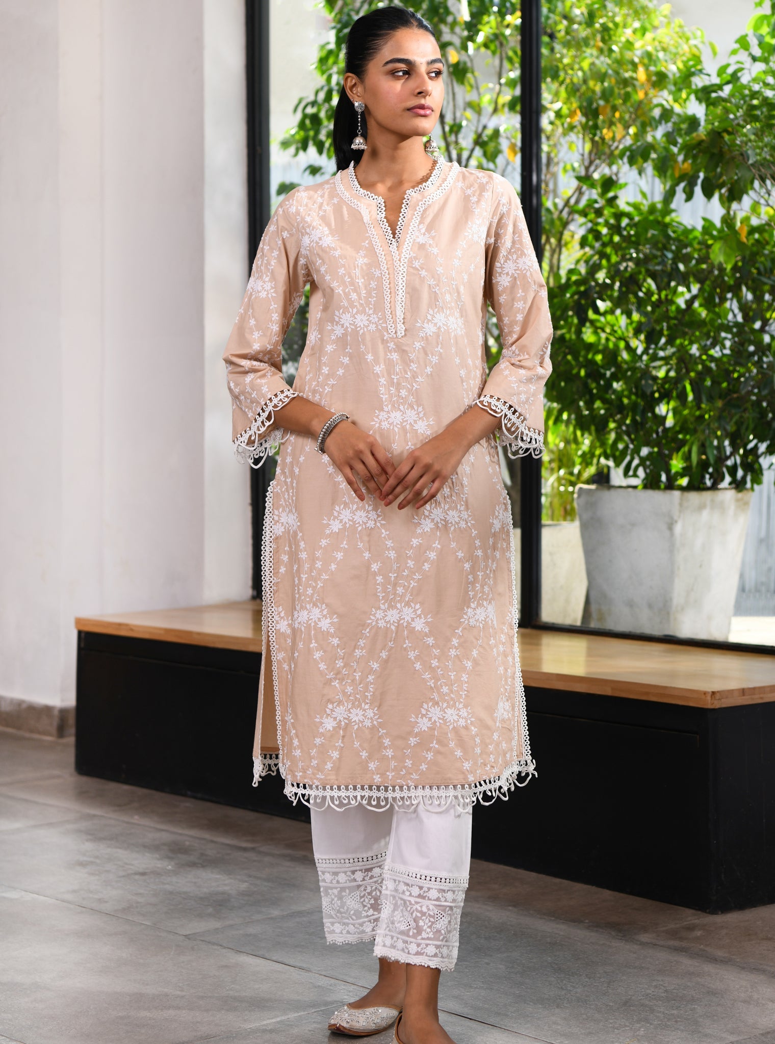 Mulmul Cotton Arki Beige Kurta With Cotton Verla White Pant