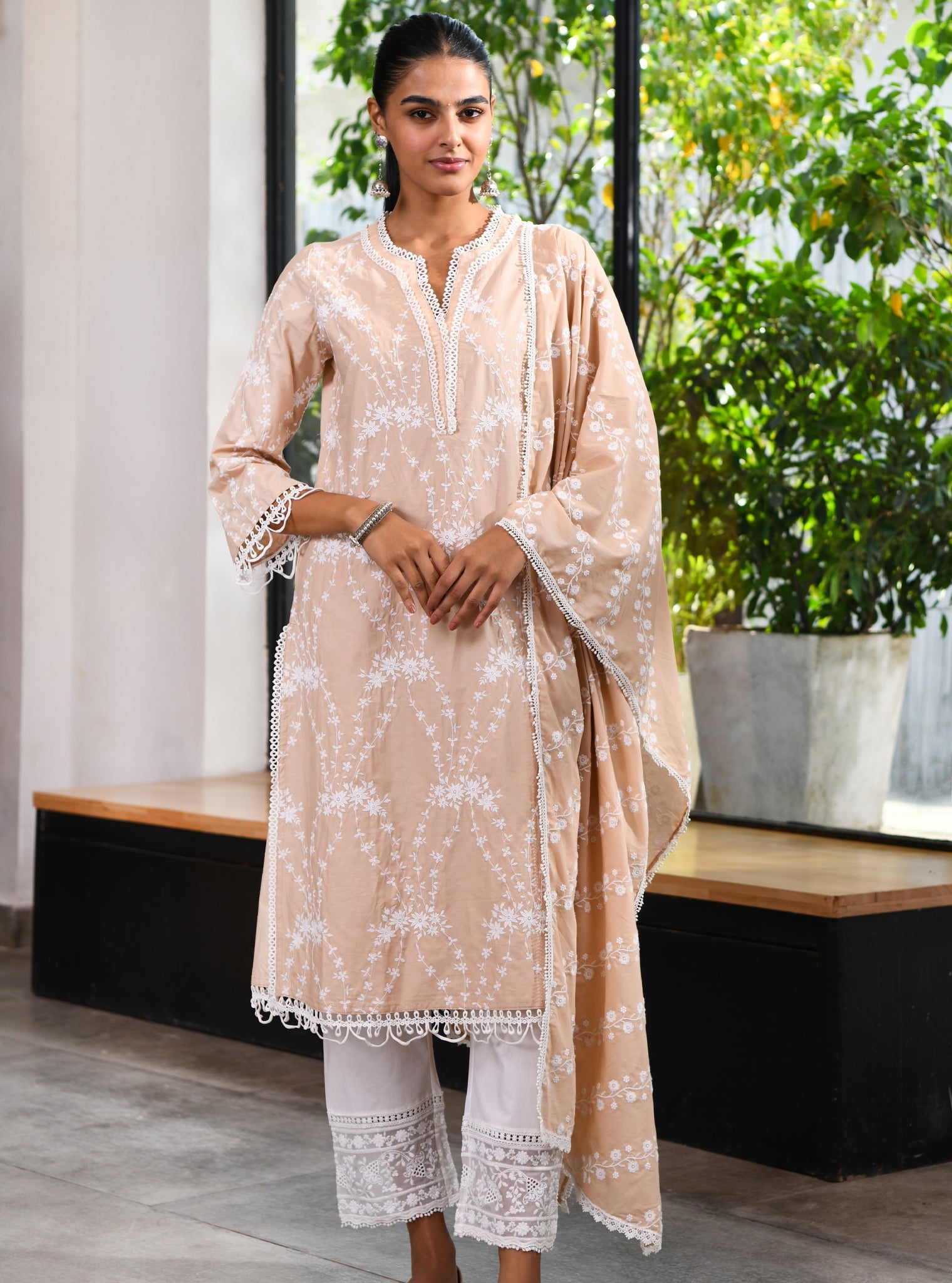 Mulmul Cotton Arki Beige Kurta With Cotton Verla White Pant