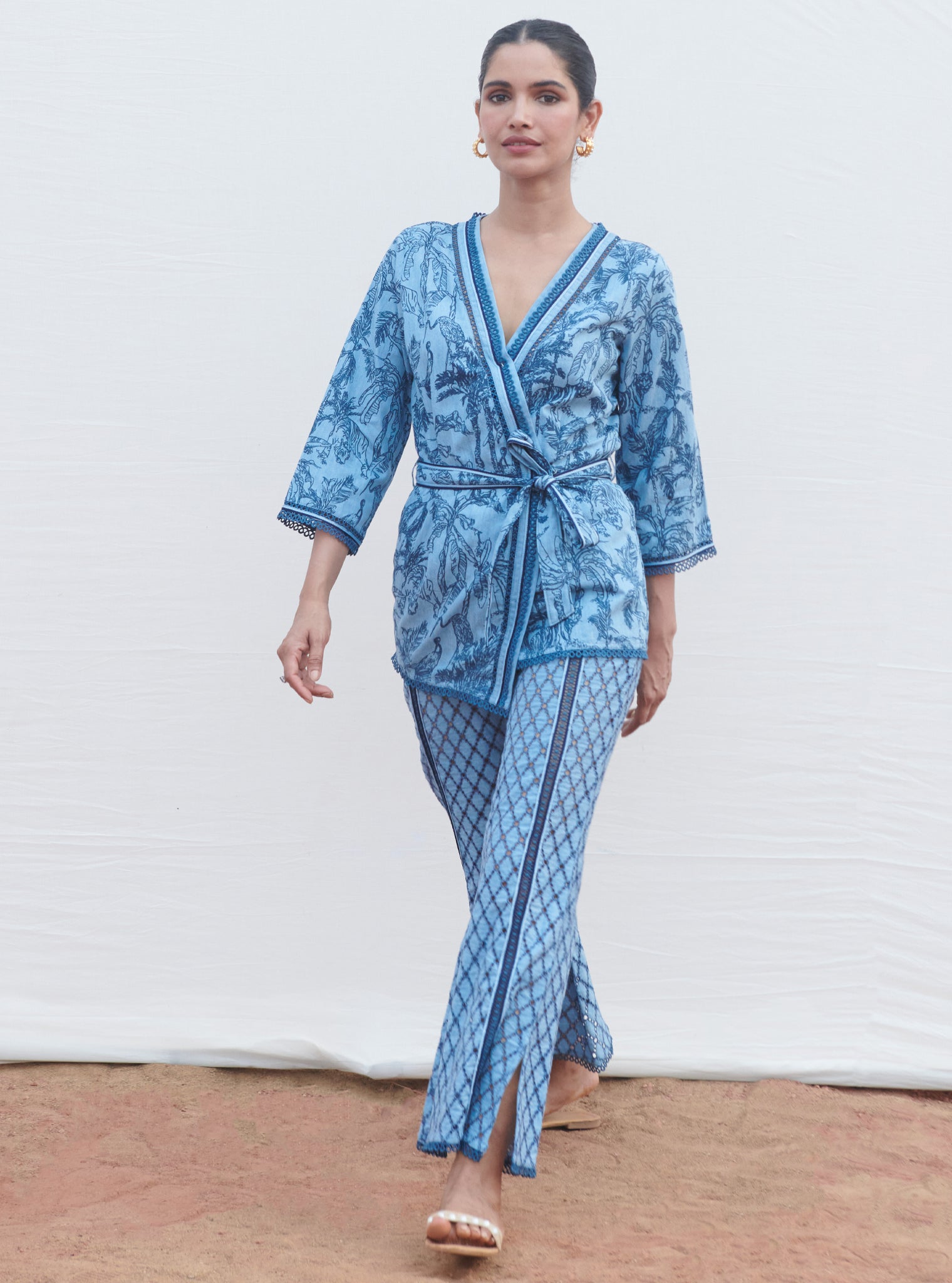 Mulmul Denim Attina Light Blue Kaftan With Attina Light Blue Pant