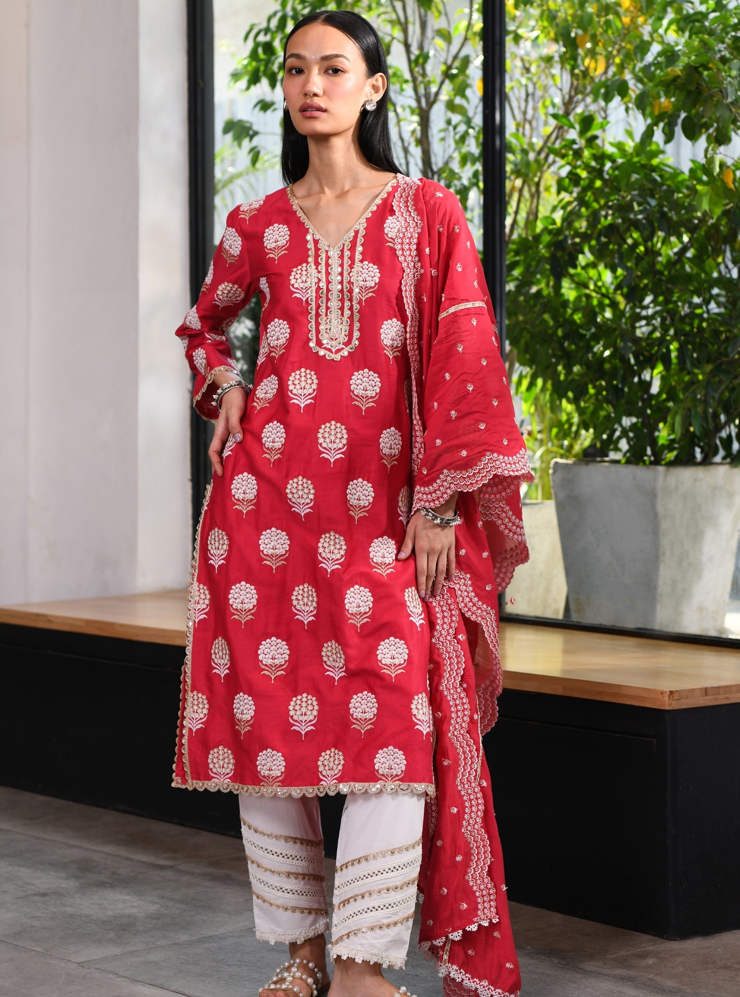 Mulmul Pima Acelyn Red Kurta With Mulmul Cotton Golden Sequins Gota White pant