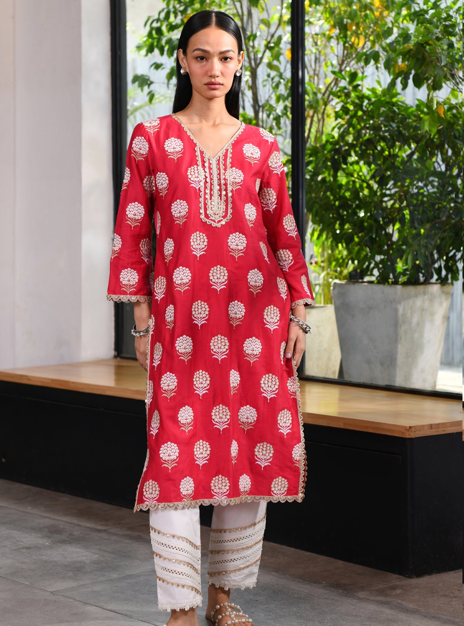 Mulmul Pima Acelyn Red Kurta With Mulmul Cotton Golden Sequins Gota White pant