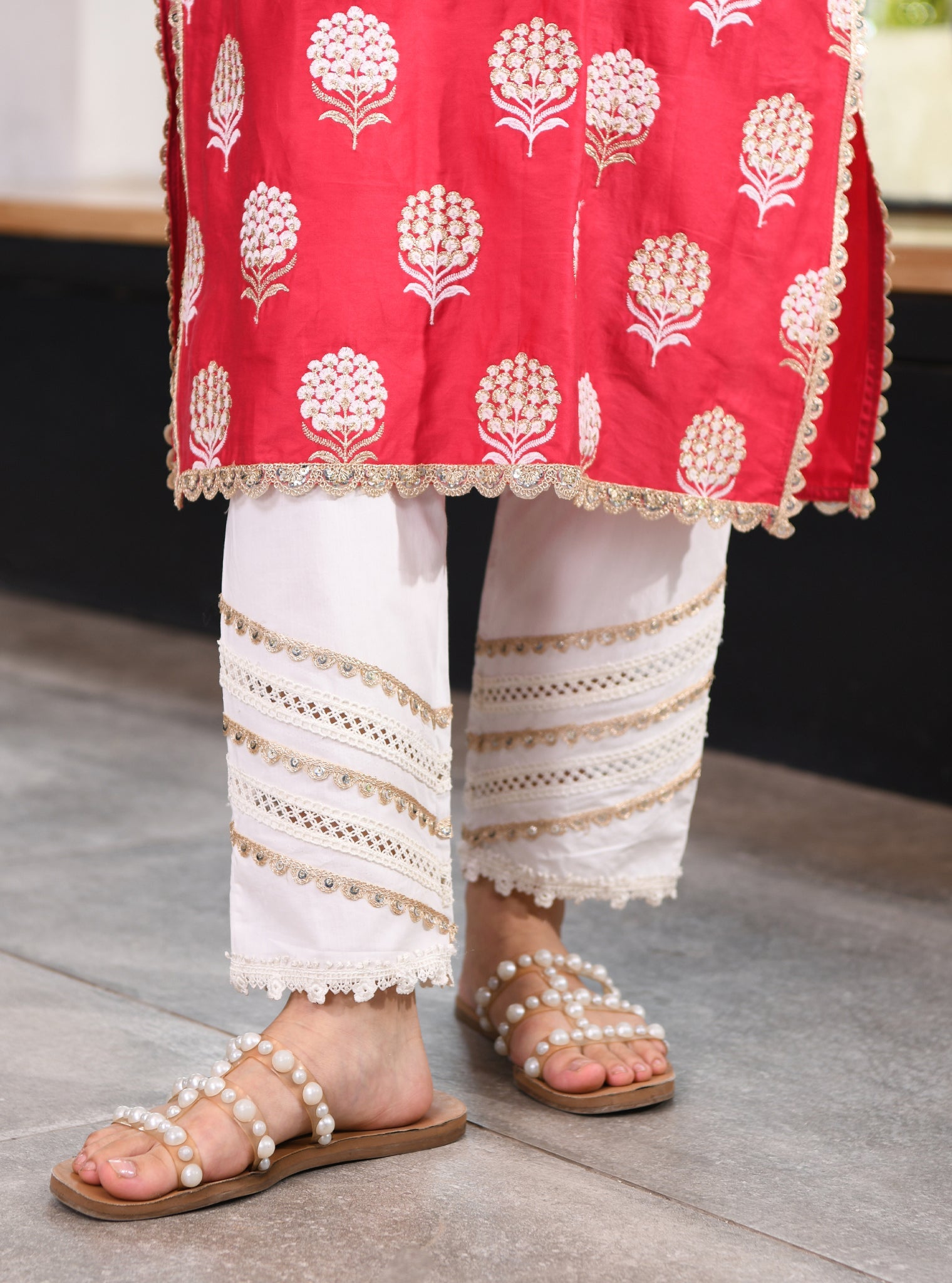 Mulmul Pima Acelyn Red Kurta With Mulmul Cotton Golden Sequins Gota White pant