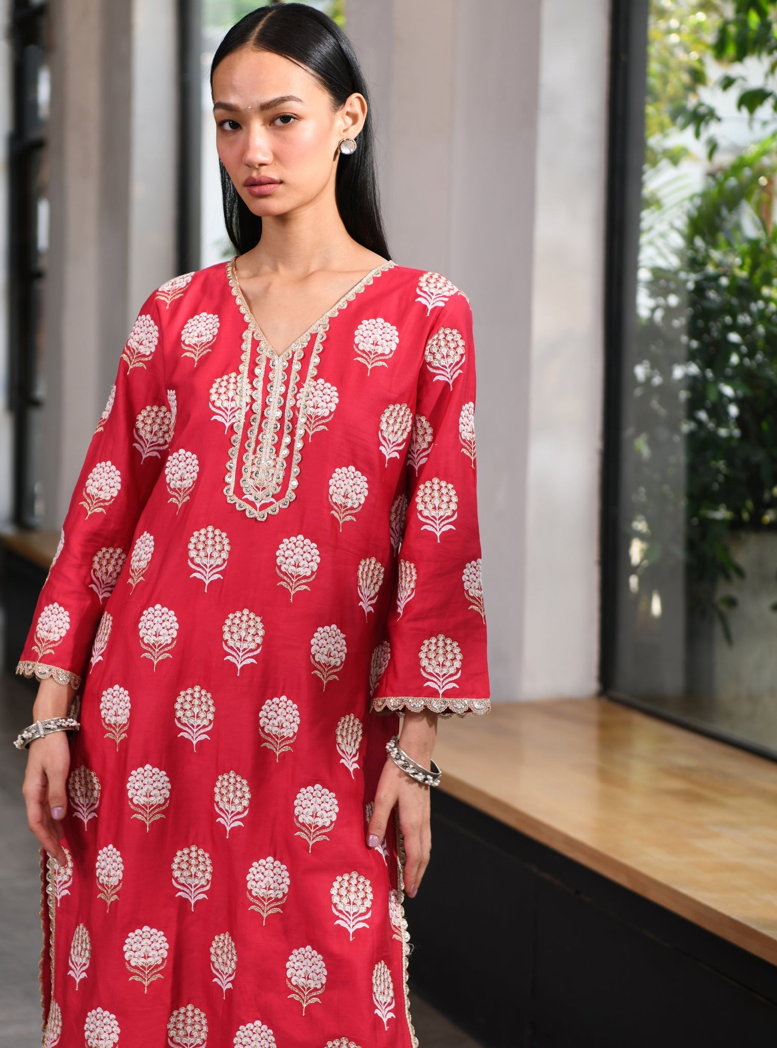 Mulmul Pima Acelyn Red Kurta With Mulmul Cotton Golden Sequins Gota White pant