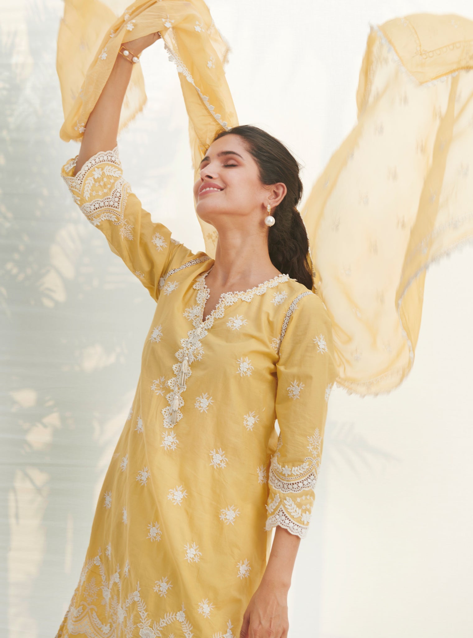 Mulmul Cotton Acoi Yellow Kurta With Mulmul Cotton Savri White Pant