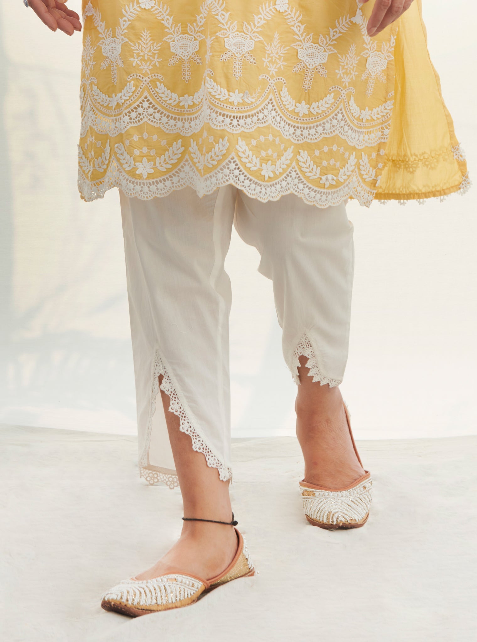 Mulmul Cotton Acoi Yellow Kurta With Mulmul Cotton Savri White Pant