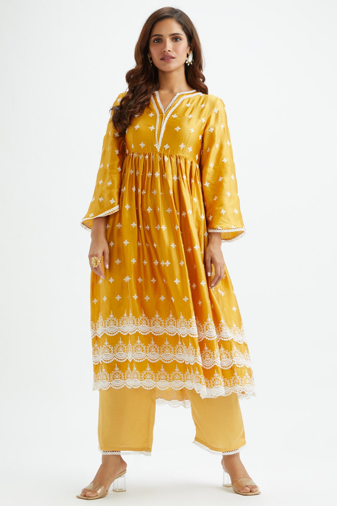 Mulmul Cupro Silk Albany Mustard Kurta With Albany Mustard Pant