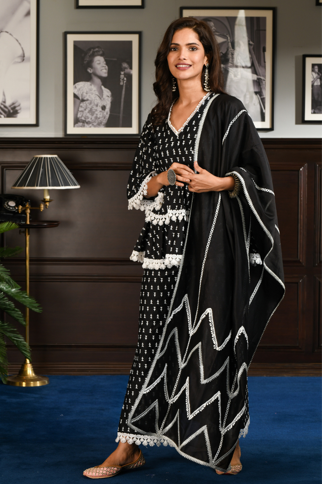 Mulmul Pima Satin Ancle Black Kurta With Ancle Black Pant