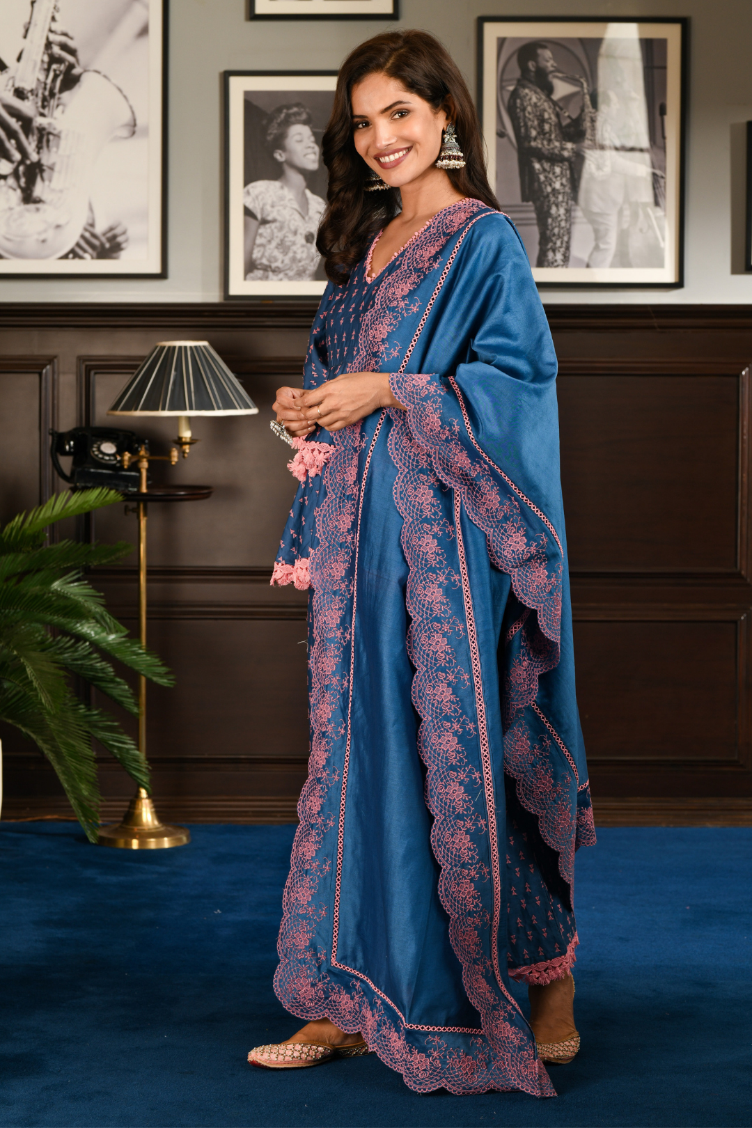 Mulmul Pima Satin Ancle Blue Kurta With Ancle Blue Pant