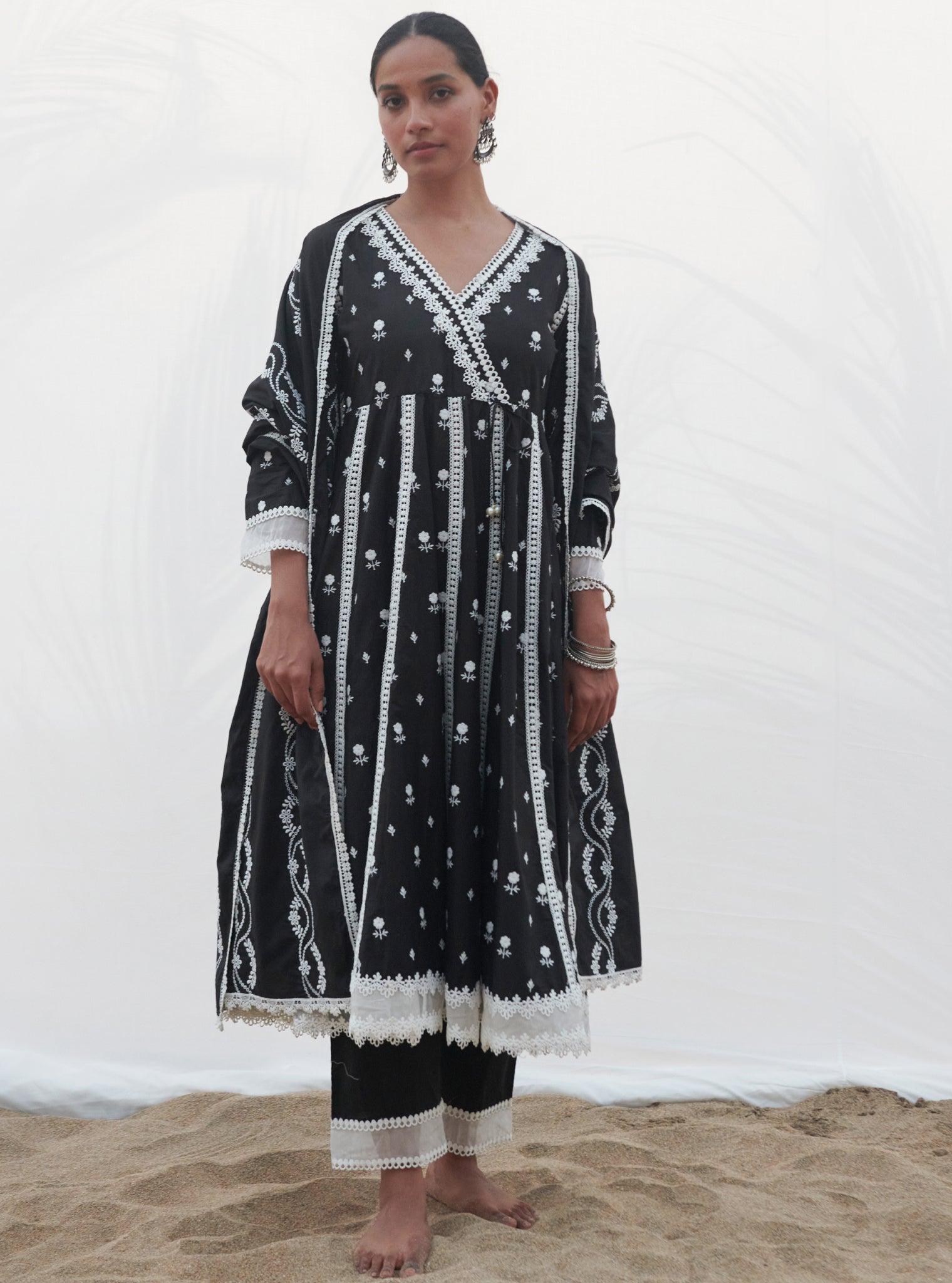 Mulmul Cotton Arambol Anarkali Black Kurta With Mulmul Cotton Arambol Black Pant