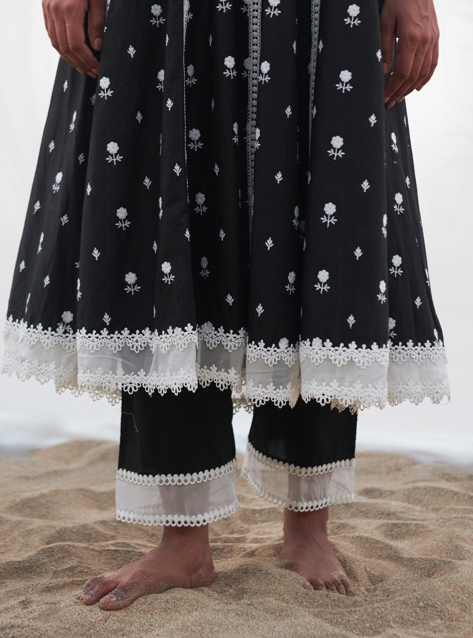 Mulmul Cotton Arambol Anarkali Black Kurta With Mulmul Cotton Arambol Black Pant