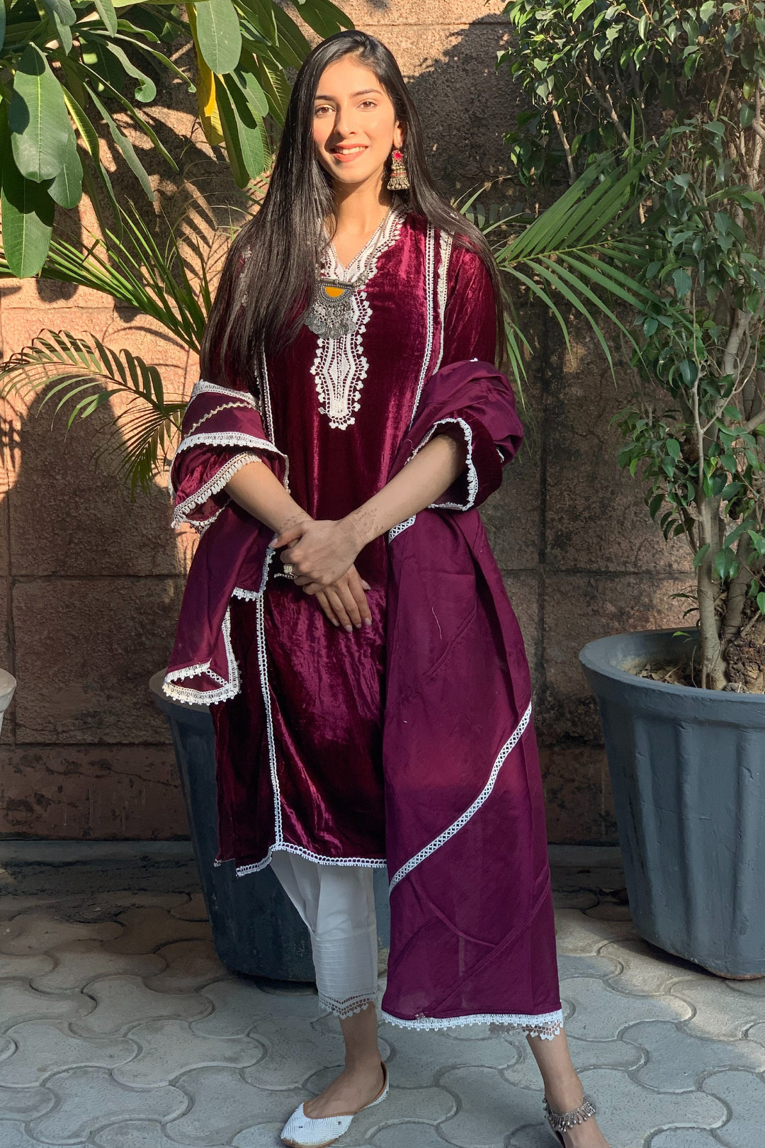 Makhmal Areca Wine Kurta with Front Pleated White Pants