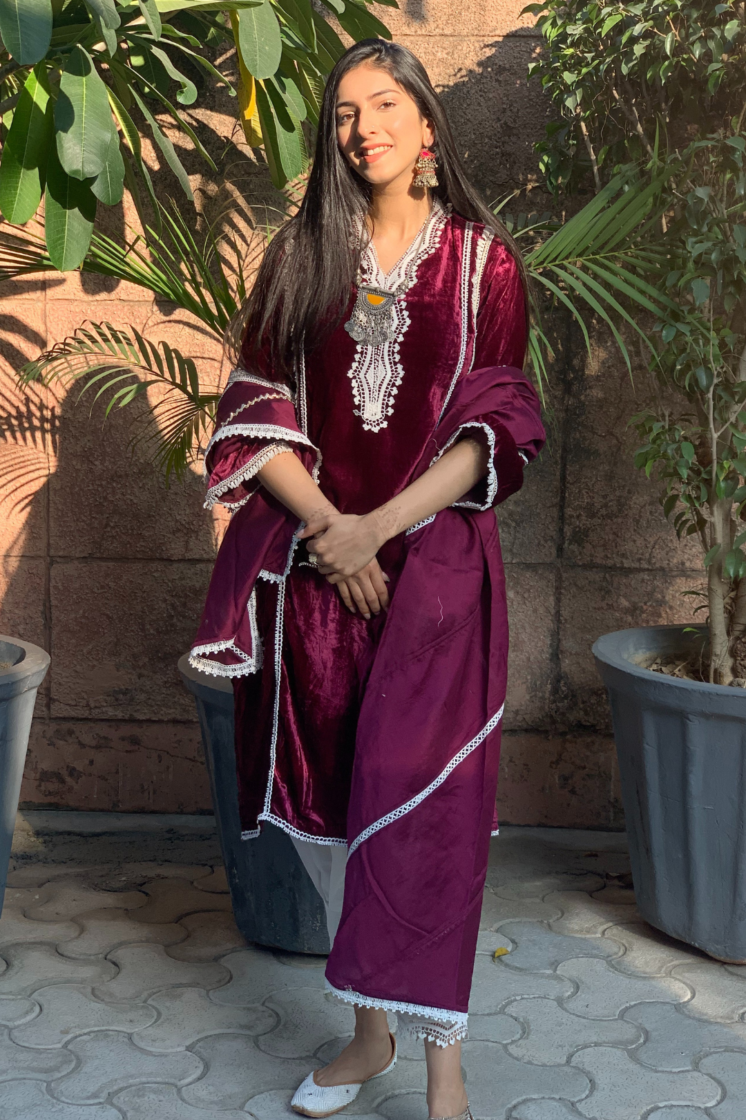 Makhmal Areca Wine Kurta with Front Pleated White Pants