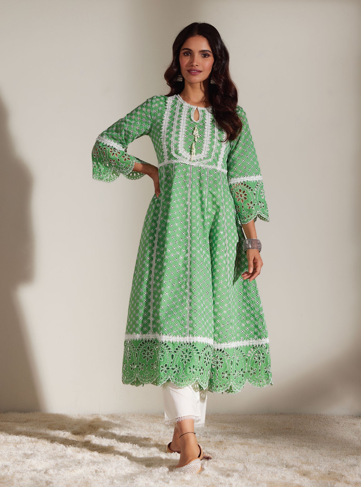 Mulmul Cotton Arris Green Anarkali  Kurta