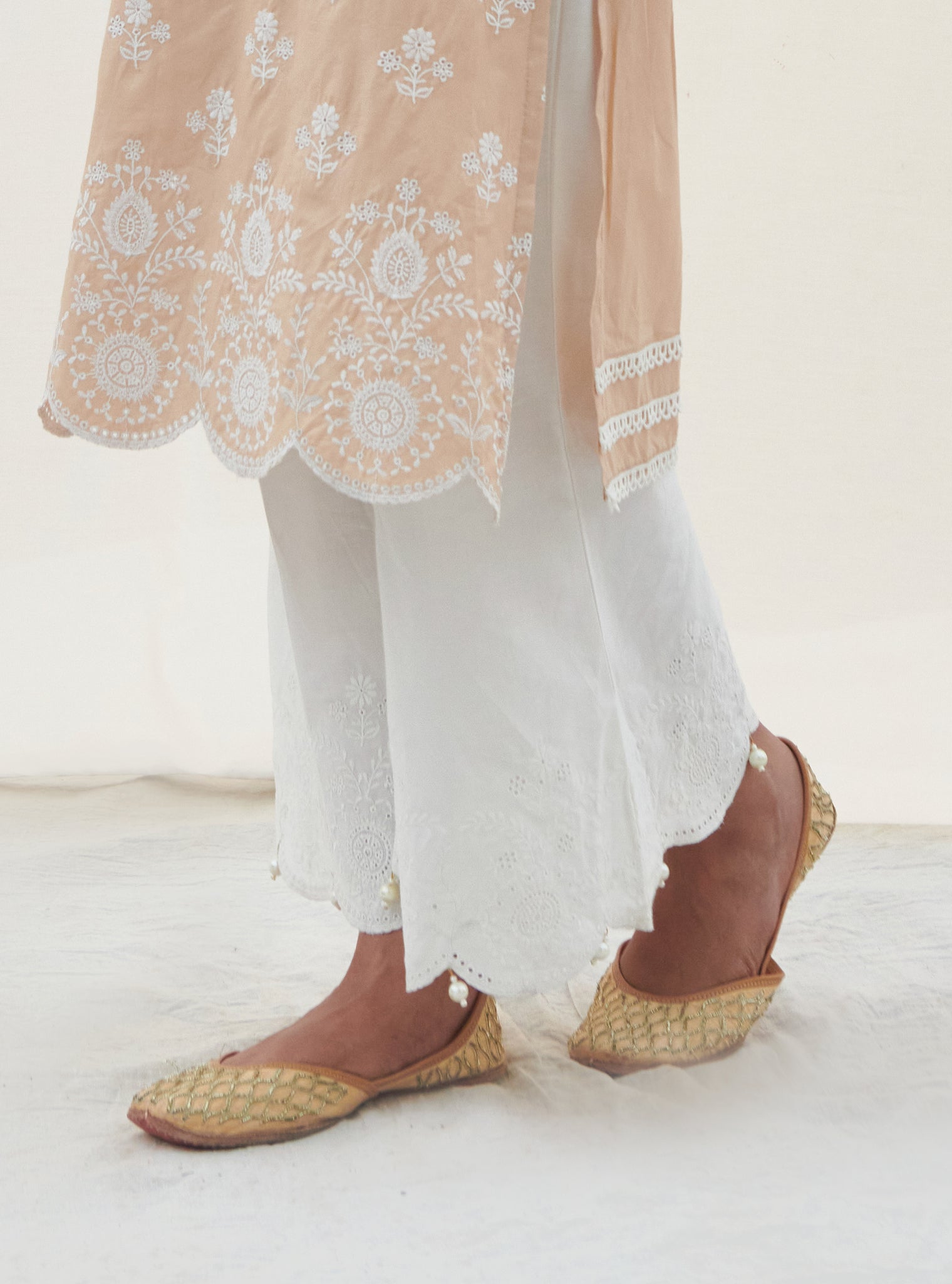 Mulmul Cotton Arpora Beige Kurta With Arpora White Pant