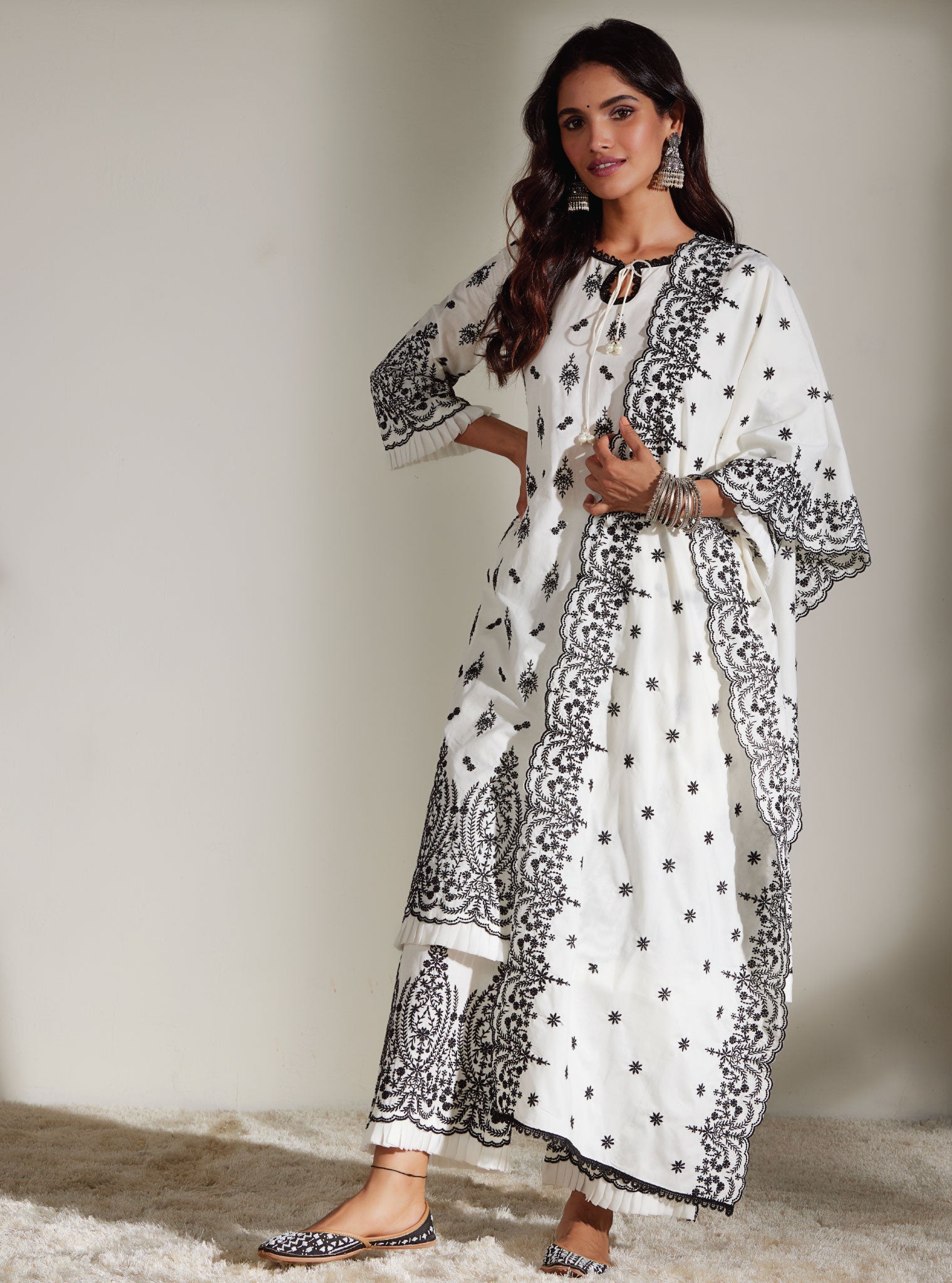 Mulmul Cotton Asteria Off White Kurta With Asteria Off White Palazzo