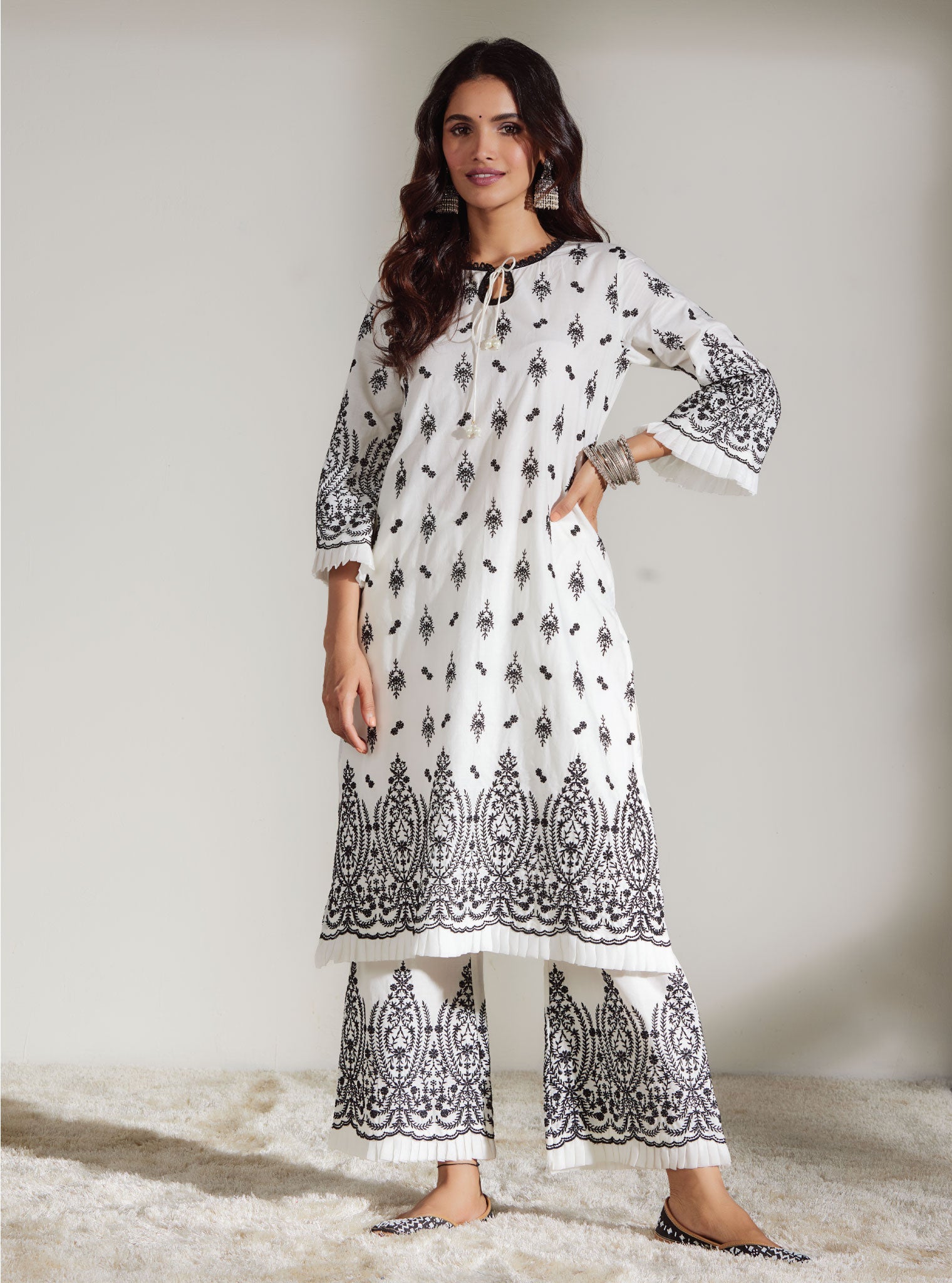 Mulmul Cotton Asteria Off White Kurta With Asteria Off White Palazzo