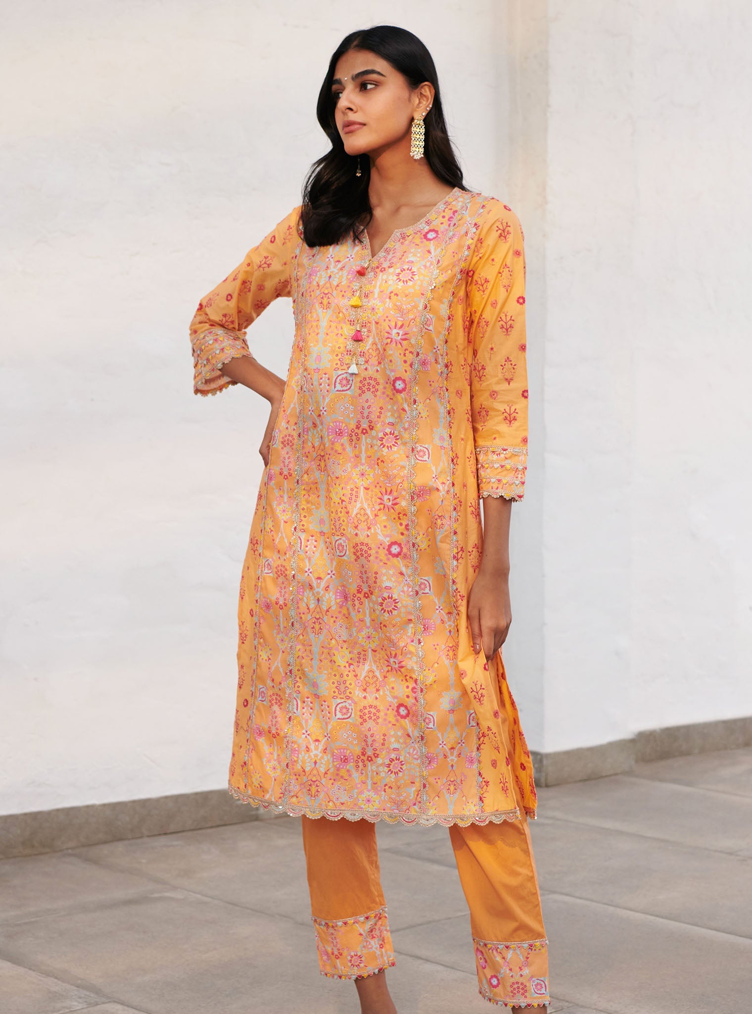 Mulmul Cotton Avery Orange Kurta With Avery Orange Pant