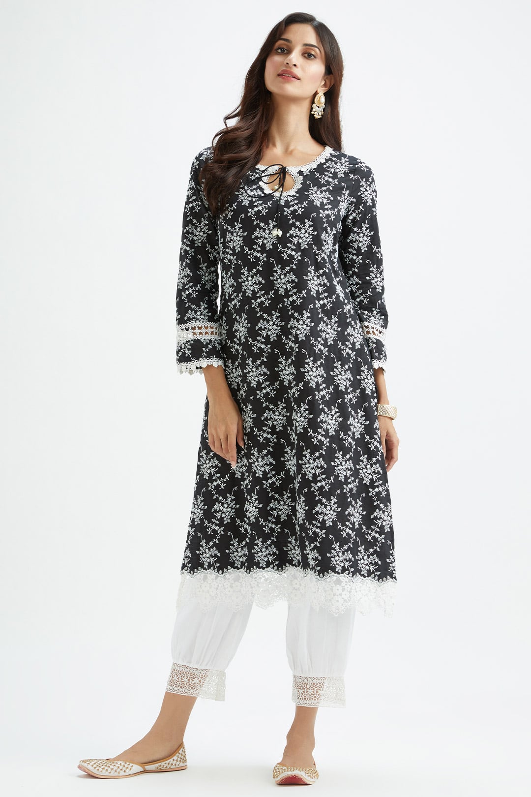 Mulmul Supima Satin Brook Black Kurta With Lax Harem Pant