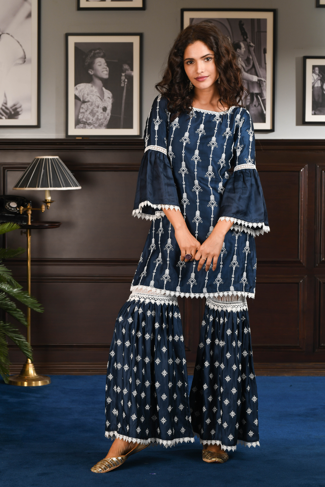 Mulmul Japanese Silk Caia Navy Kurta With Caia Navy Pyajama