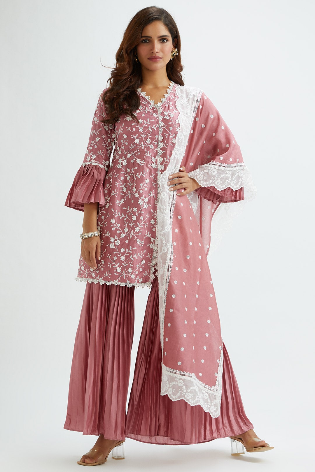 Mulmul Cupro Silk Cairo Mauve Kurta With Cairo Mauve Garara