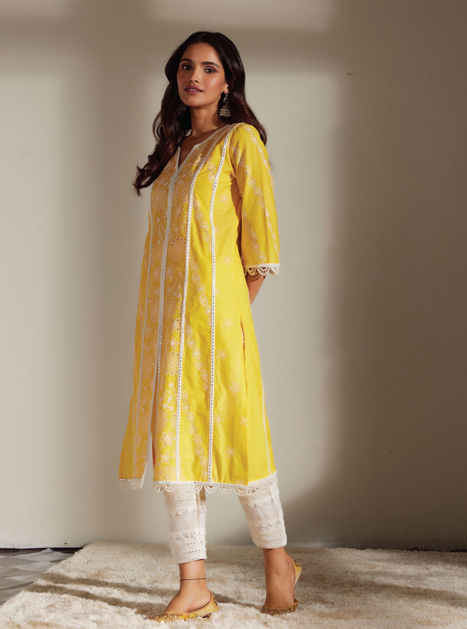 Mulmul Cotton Cara Mango Kurta With Mirror Gota White Pant